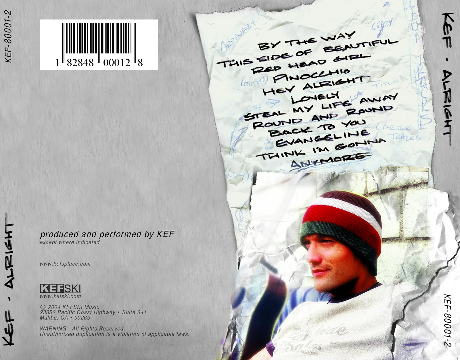Alright back tray card: handwritten tracklist on torn paper over grey, Kef in a striped beanie, barcode and KEFSKI credits