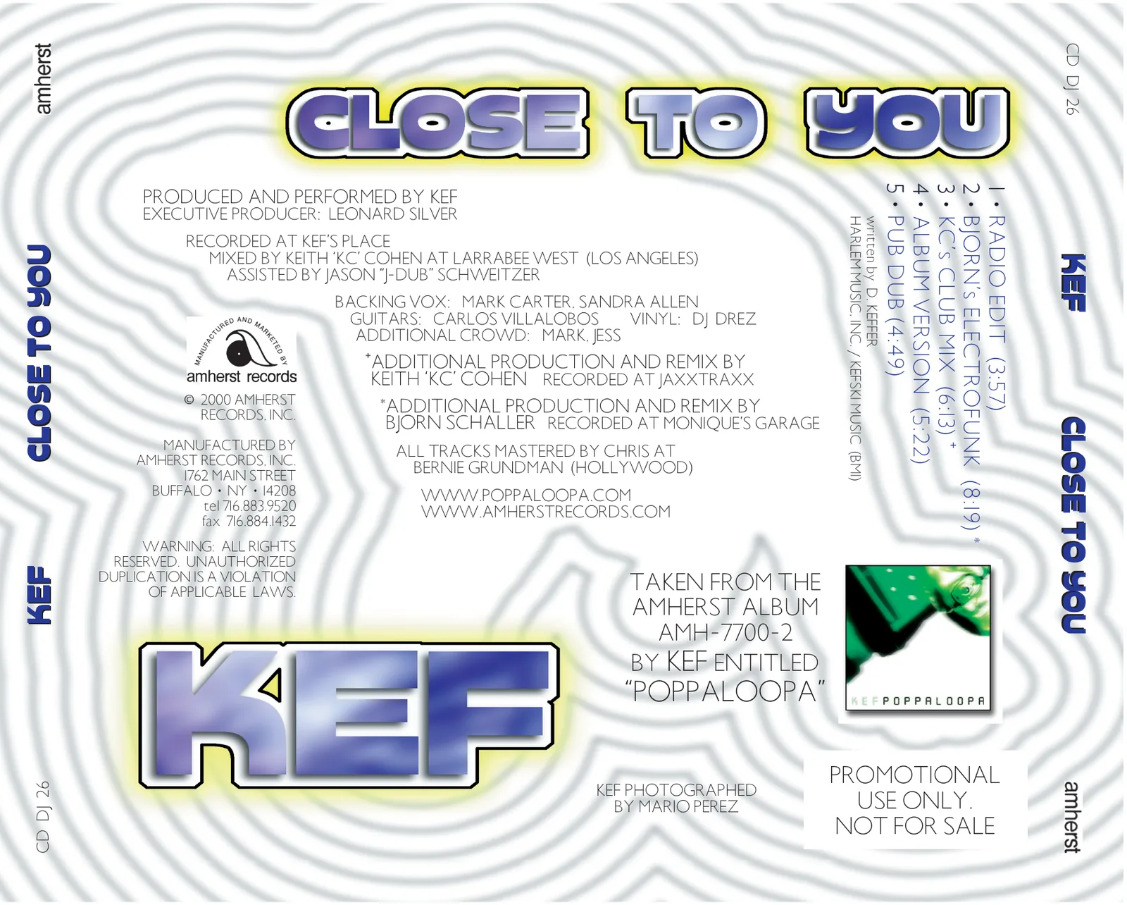 Close To You back tray card: credits, the five-track list, the Poppaloopa cover and a Promotional Use Only notice over blue and grey contour lines
