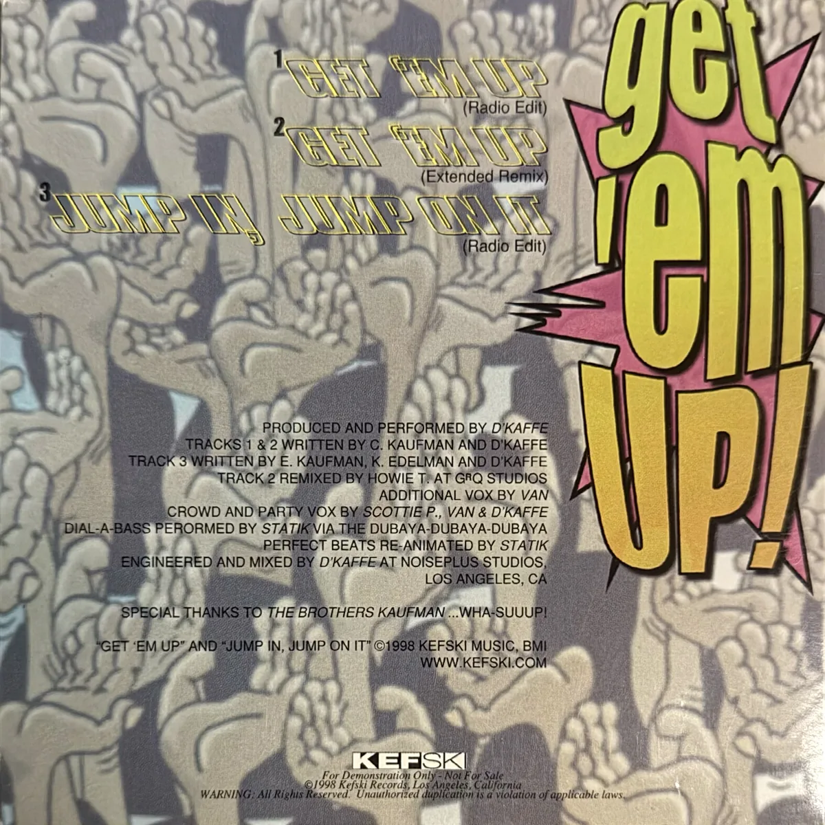 Back of the Get ’Em Up CD sleeve: tracklist and credits over a cartoon crowd of raised hands