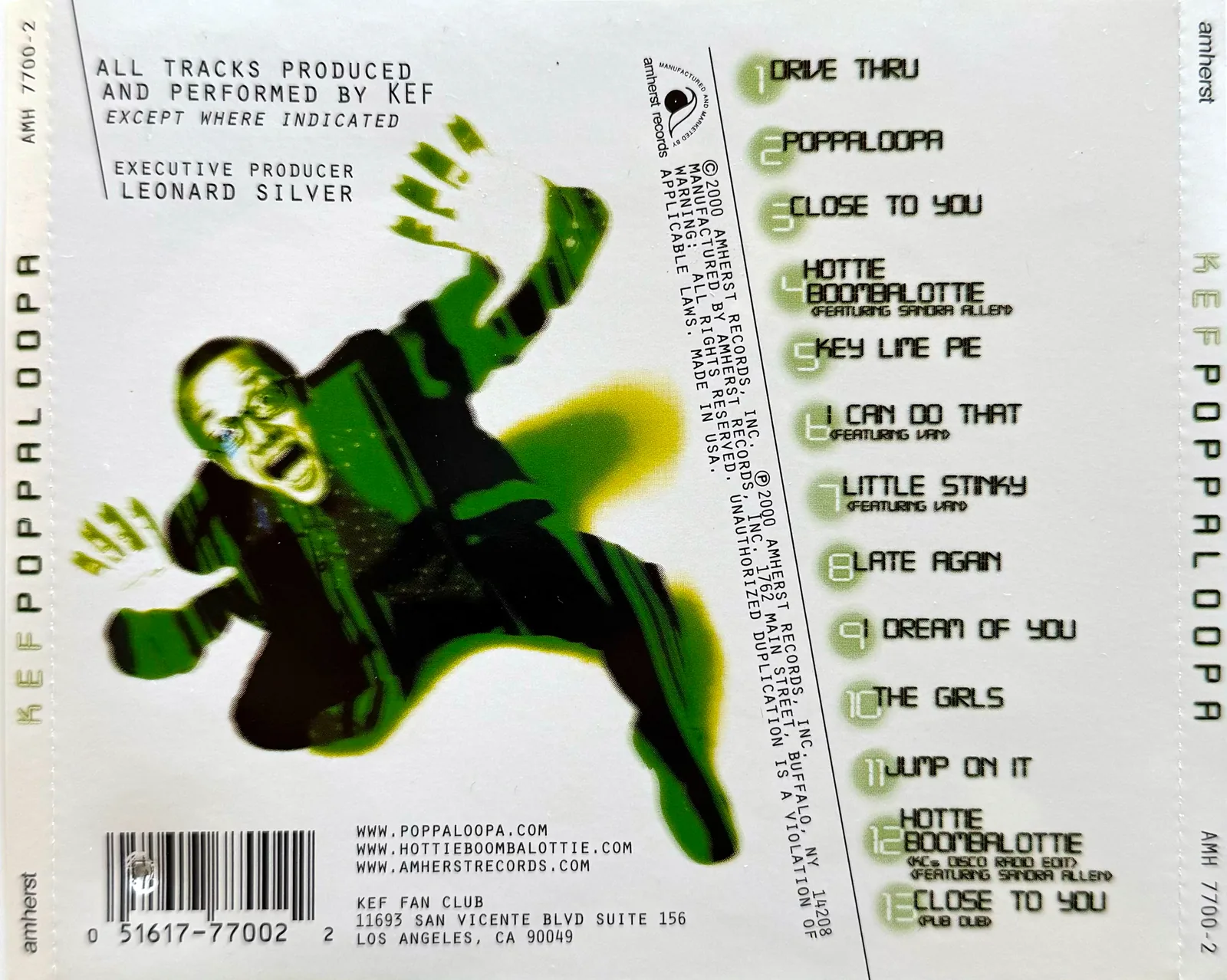 Back of the Poppaloopa CD: Kef leaping in a green-tinted photo beside the thirteen-track list, with KEF POPPALOOPA on the spines
