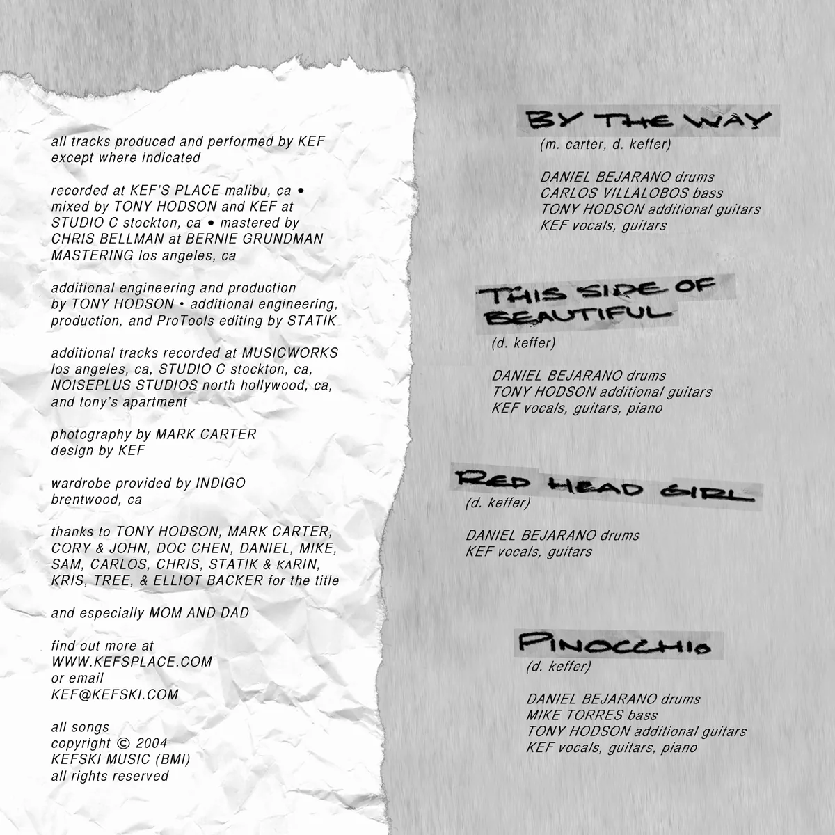 Alright booklet spread with album credits on torn white paper and the first four songs’ personnel