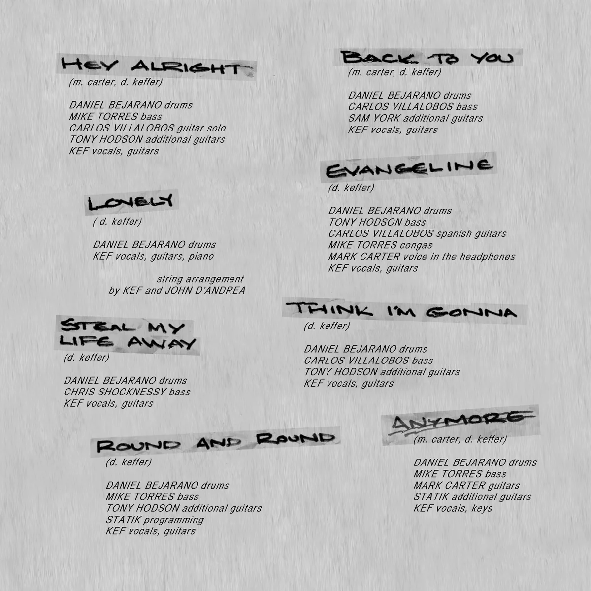 Alright booklet page listing writers and musicians for the remaining eight songs