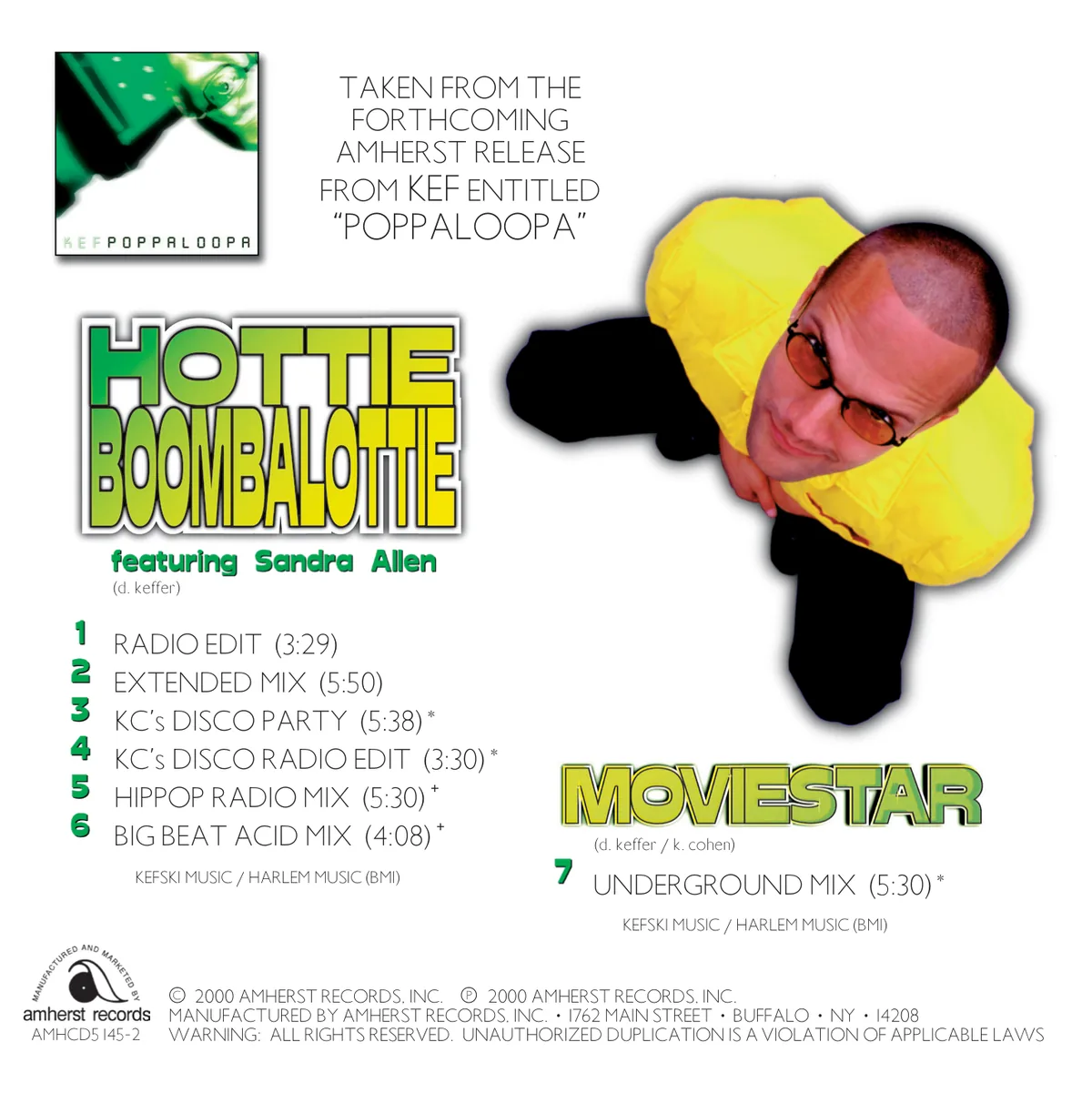 Back panel of the Hottie Boombalottie booklet: the tracklist and Moviestar logo beside a yellow-shirted Kef photographed from above