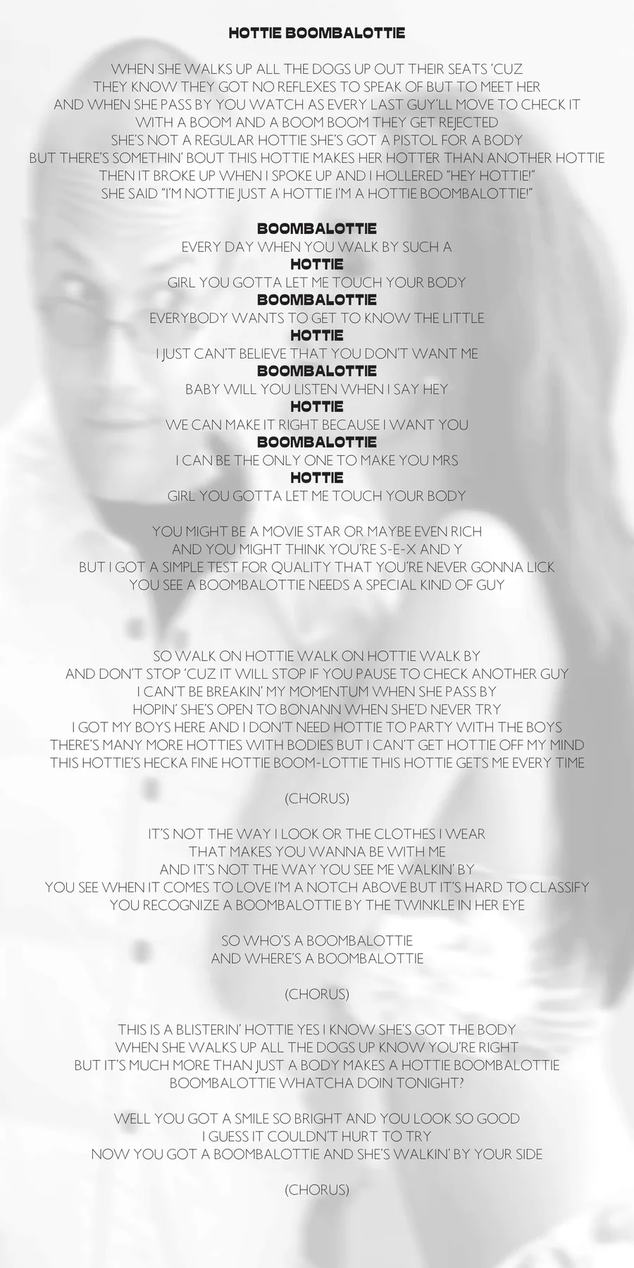 Inside of the Hottie Boombalottie booklet: the full lyrics printed in black over a faded photo