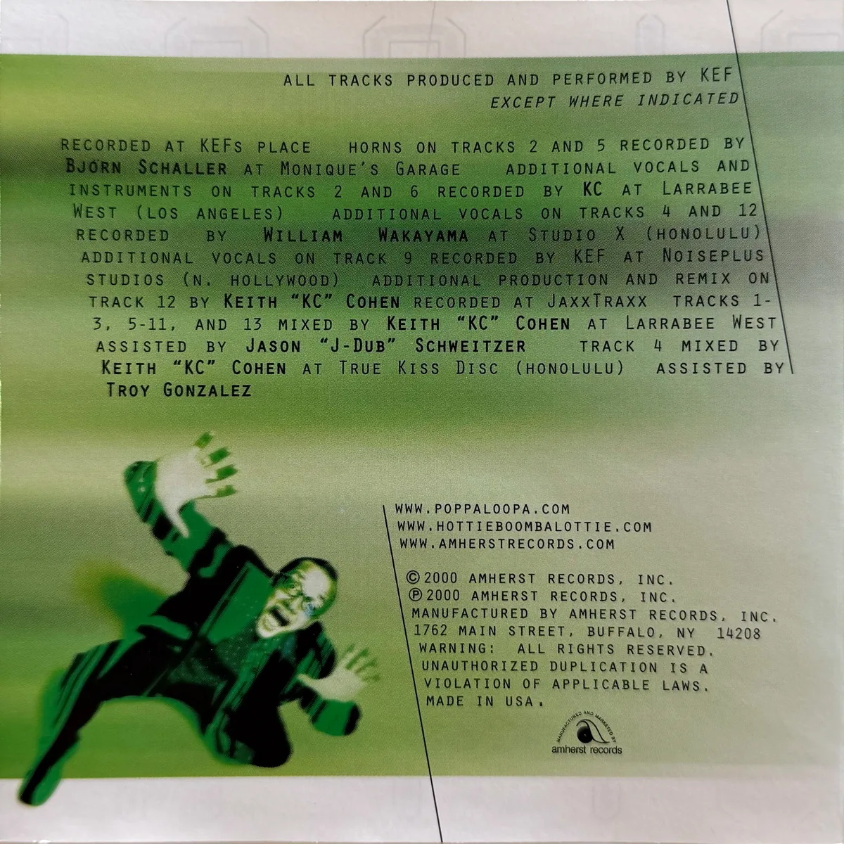 Poppaloopa booklet panel with recording and mixing credits and a photo of Kef leaping