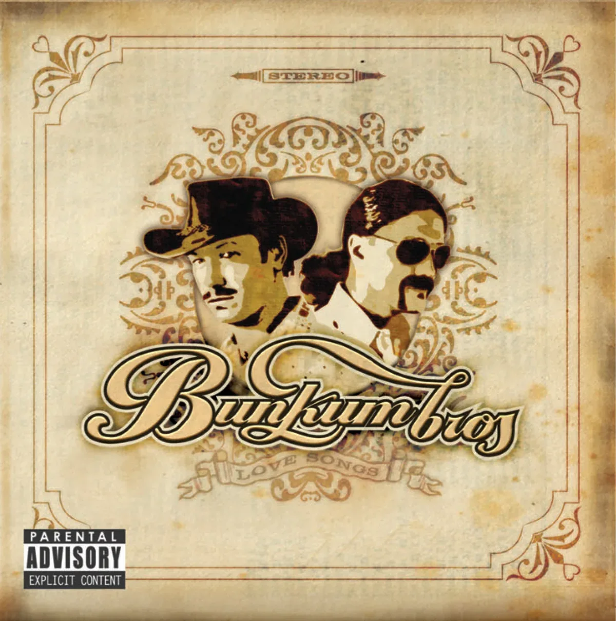 Bunkum Bros. Love Songs album cover: Phil and Charlie Bunkum in sepia under an ornate logo
