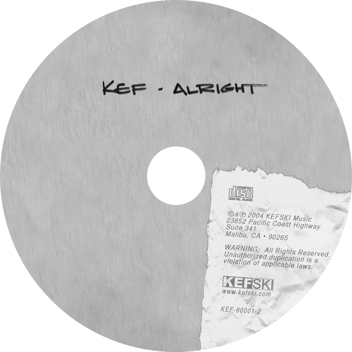 Alright disc face: grey paper texture with KEF – Alright handwritten across the top and the KEFSKI credits on a torn scrap of paper