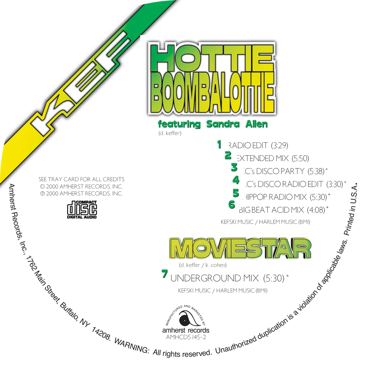 Hottie Boombalottie disc face: white disc with a green and yellow KEF bar, the title, the seven-track list and the Moviestar logo