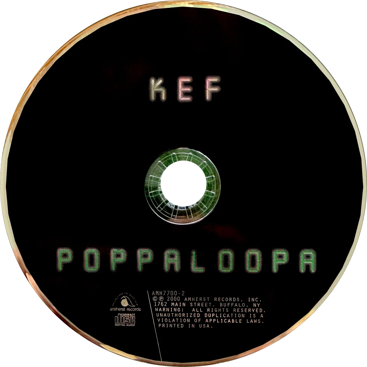 Poppaloopa disc: black disc with KEF and POPPALOOPA in green LED-style lettering and the Amherst Records logo