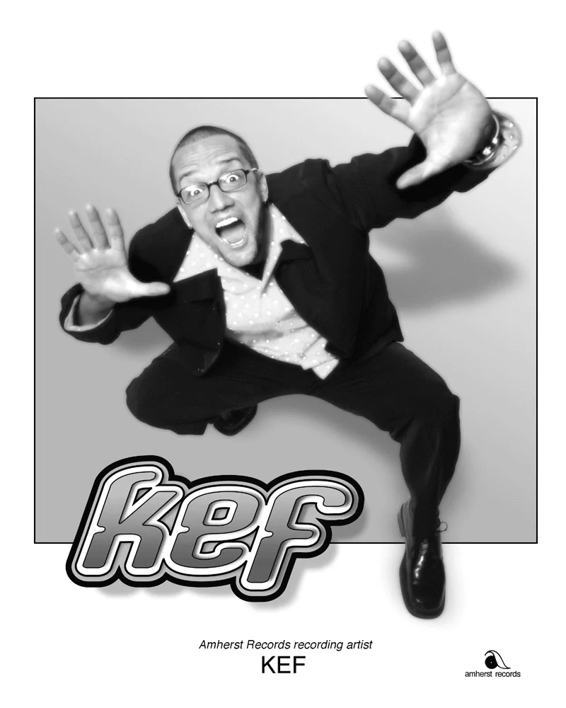 Black-and-white Amherst Records promo photo of Kef mid-leap above the kef logo