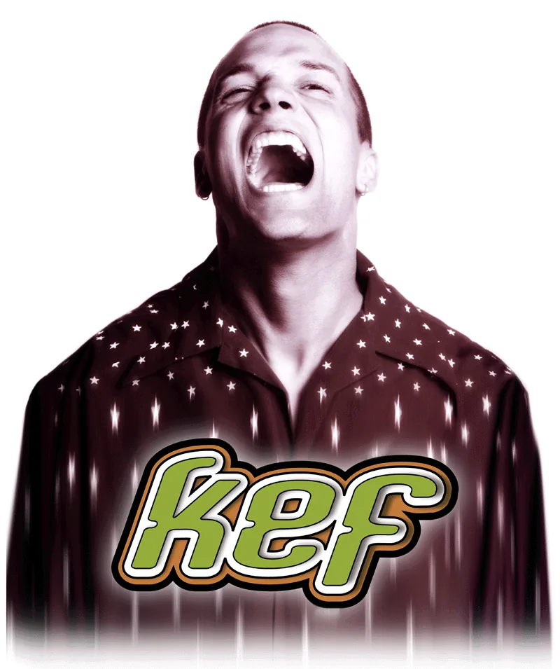 Black-and-white photo of Kef shouting, in a dotted shirt, with the kef logo