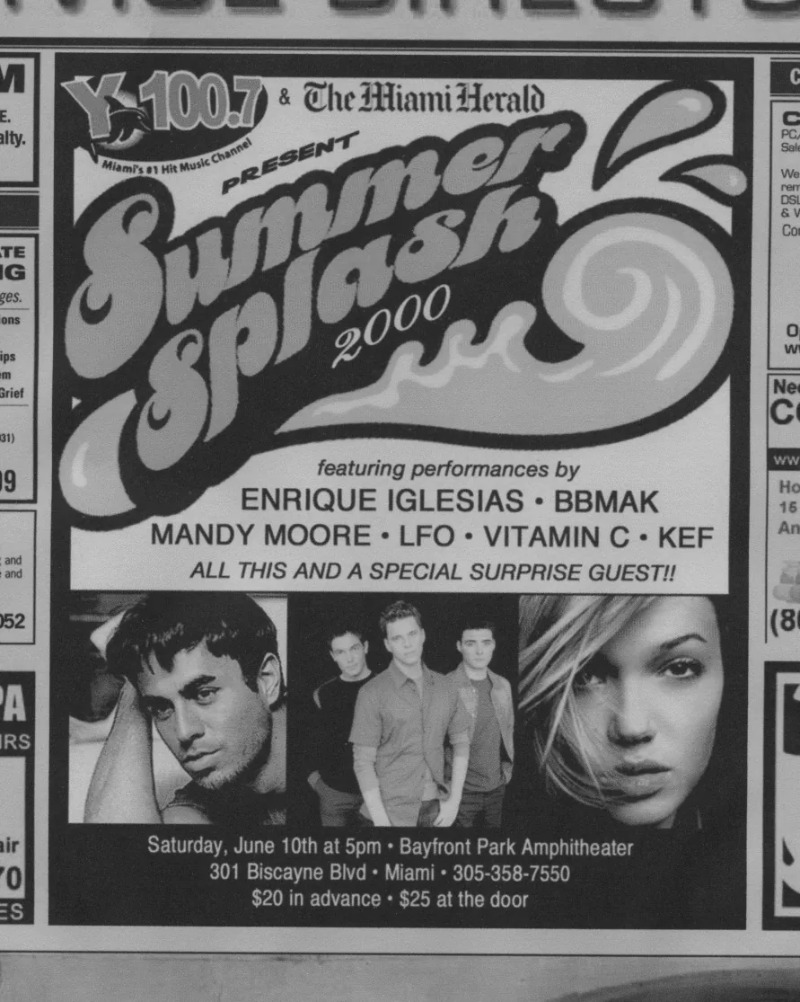 Newspaper ad for Y100.7 and The Miami Herald Summer Splash 2000, featuring Enrique Iglesias, BBMak, Mandy Moore, LFO, Vitamin C and Kef, June 10 at Bayfront Park Amphitheater