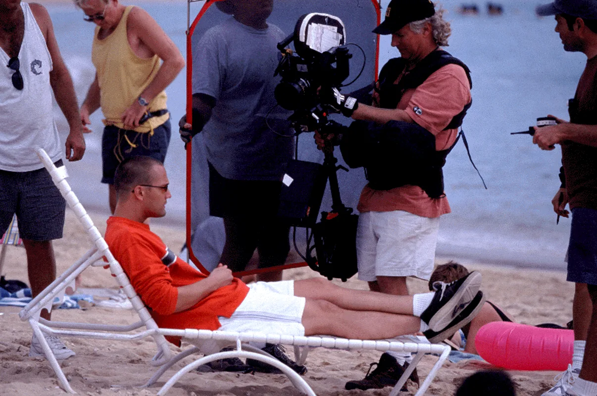 A film crew shooting the Hottie Boombalottie video on a Hawaii beach