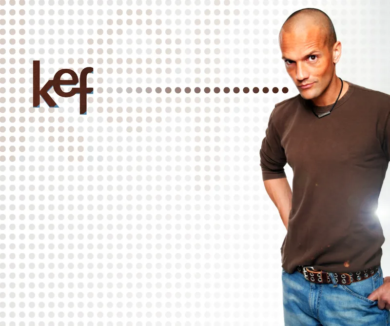 Mockup of the kefsplace.com homepage with a dotted pattern and a photo of Kef
